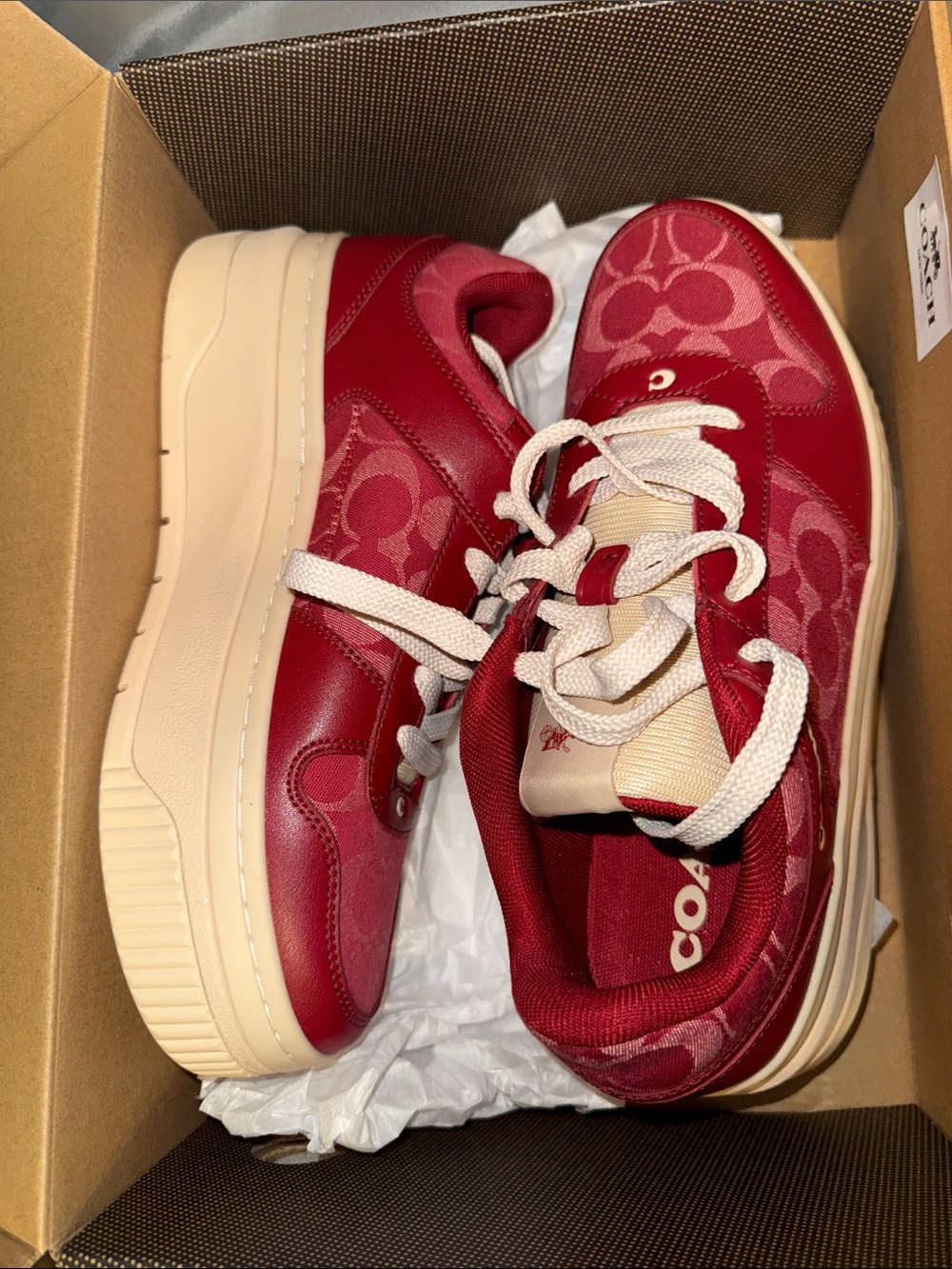 Coach Kids Red Logo-Print Low Top Sneakers with Cream Sole